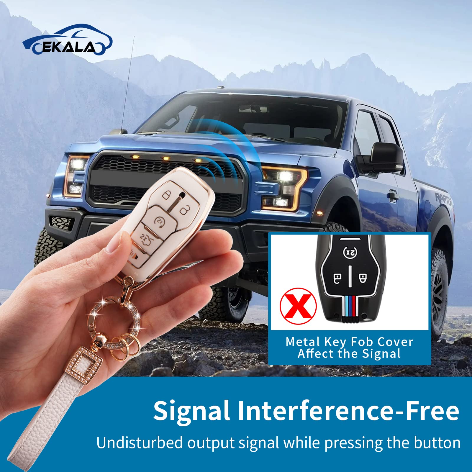 EKALA for Ford Key Fob Cover with Leather Key Fob Keychain, 4 5 Buttons Soft TPU Keys Shells White Key Fob Cover Compatible with