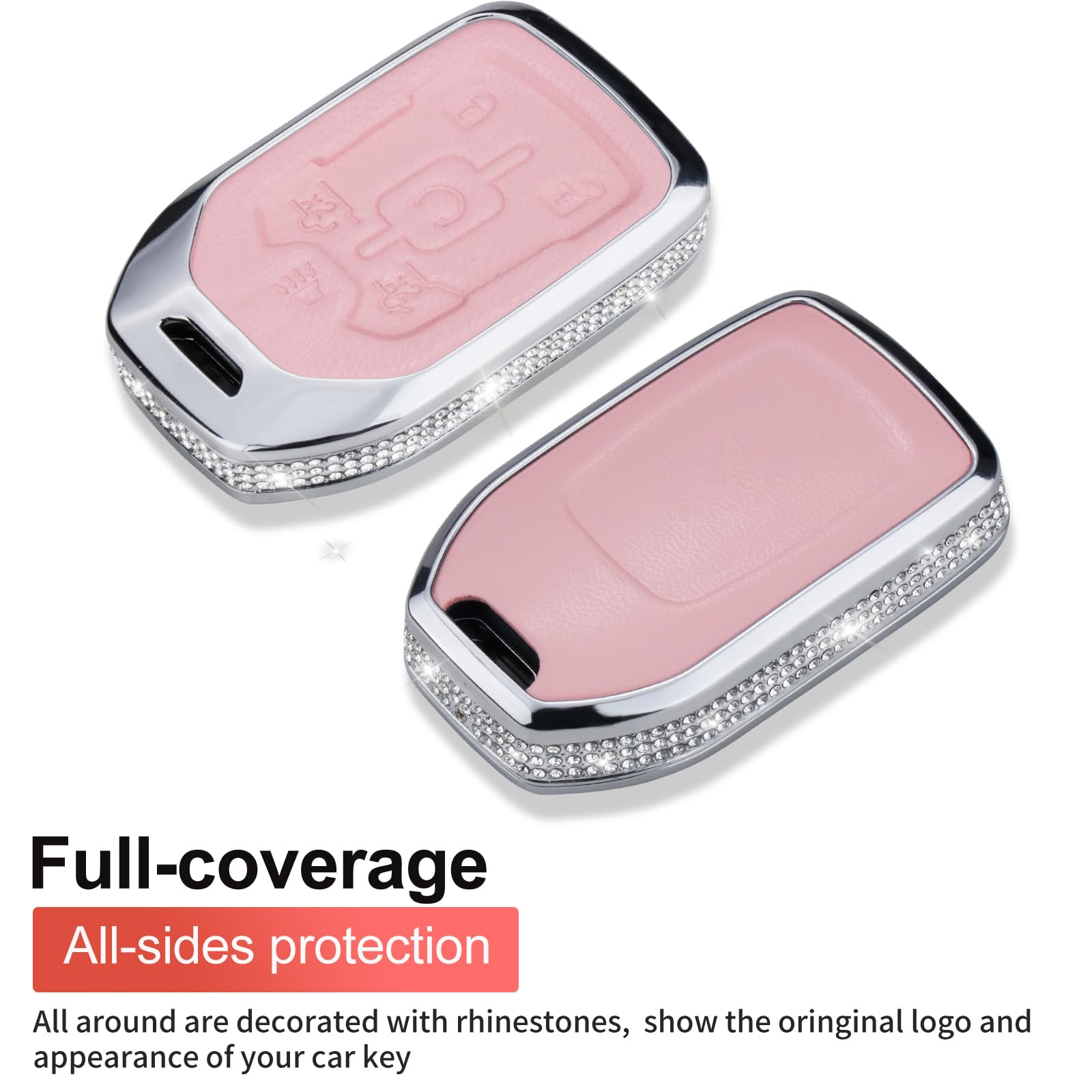 Ruabiban For Gmc Key Fob Cover With Keychain, Pink Leather Crystal Key Case Protection Shell Compatible With Chevy Chevrolet Gmc
