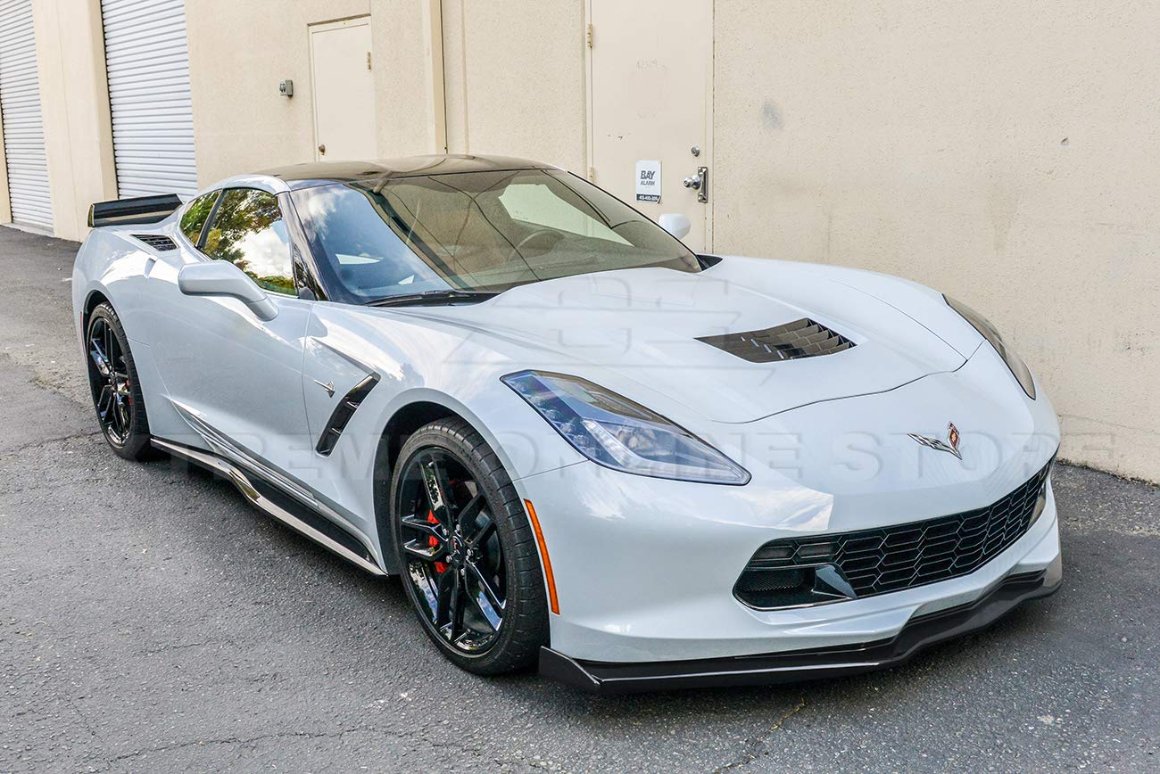 For 2014-2019 Chevrolet Corvette C7 | Z06 Stage 2 Style Abs Plastic Painted Carbon Flash Front Bumper Lower Lip Splitter With Carbon Fiber Side End Cap Extensions Pair