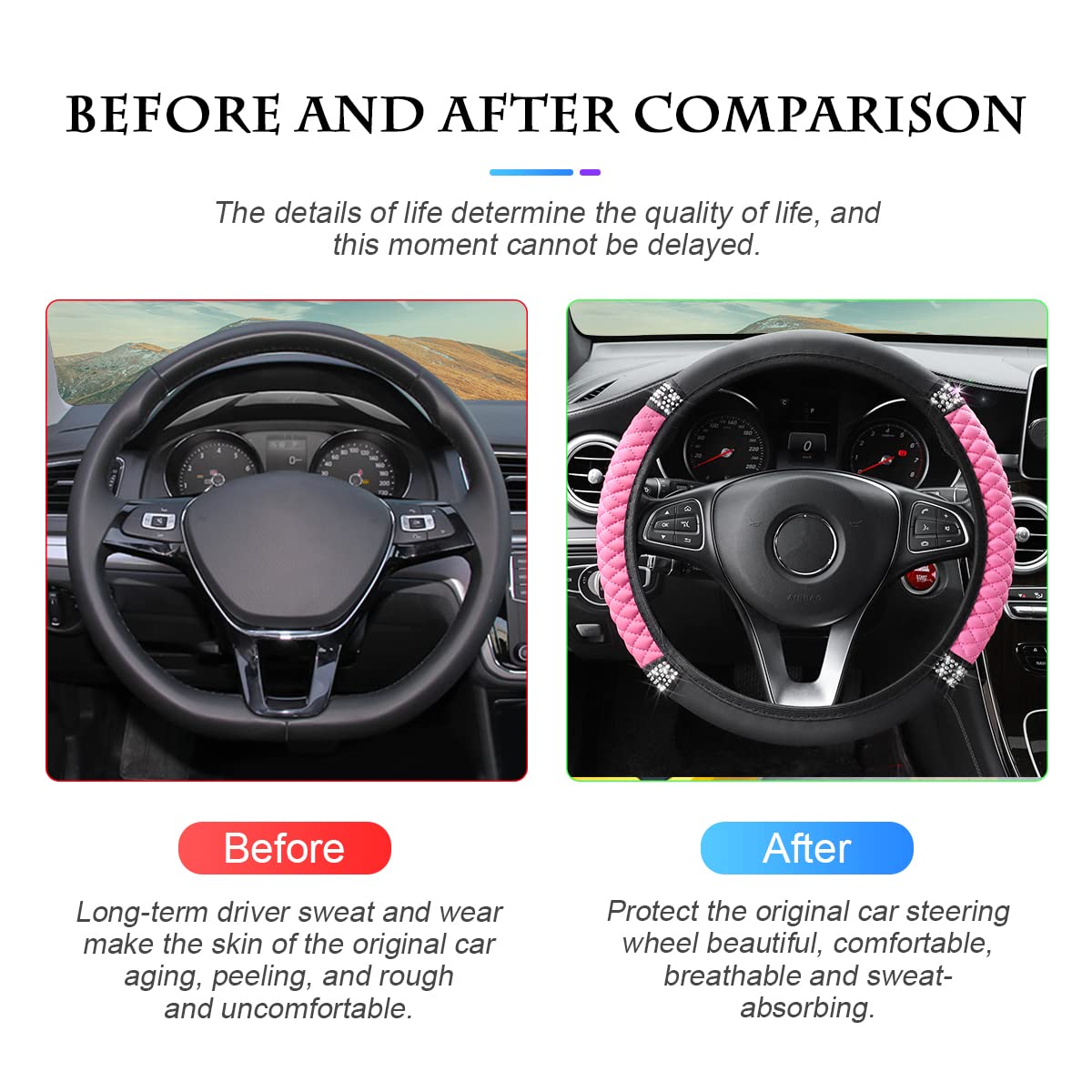Bling Soft Leather Steering Wheel Cover, 15 Inch Colorful Rhinestones Auto Elastic Steering Wheel Protector, Sparkly Crystal Dia