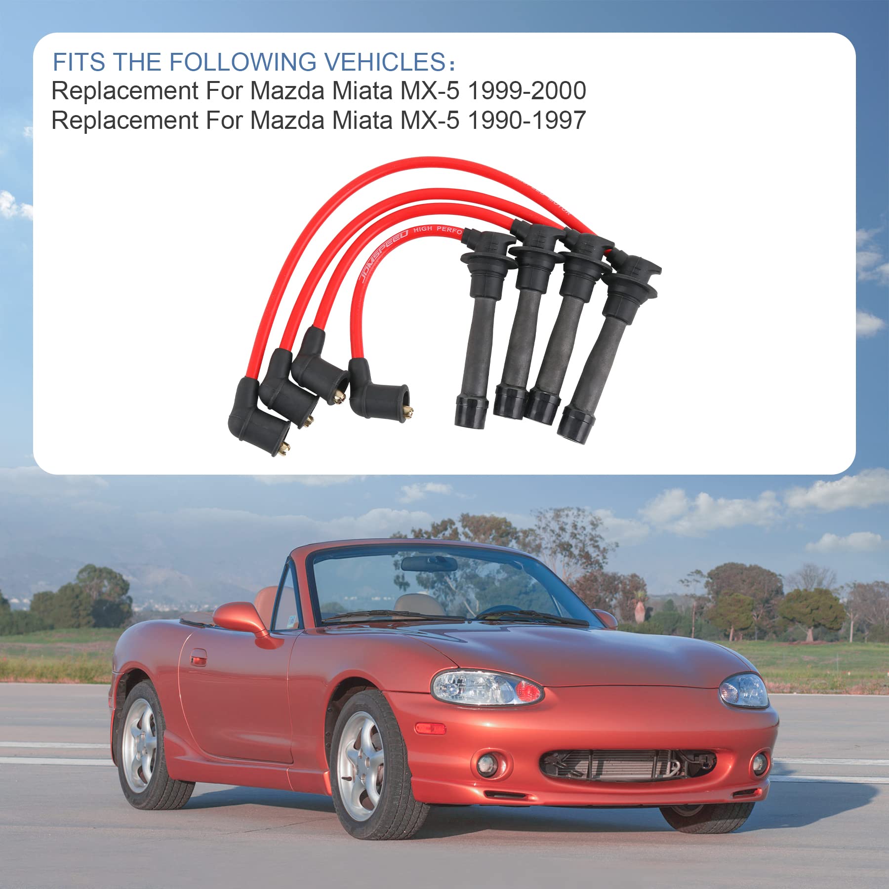 JDMSPEED New Red Ignition Spark Plug Wires Set Replacement for Mazda Miata MX-5 1.6L 1.8L Engines 1990-2000 10.2mm Replaces B61P18140A, B61P18140B, B61P18140C, BPE818140A