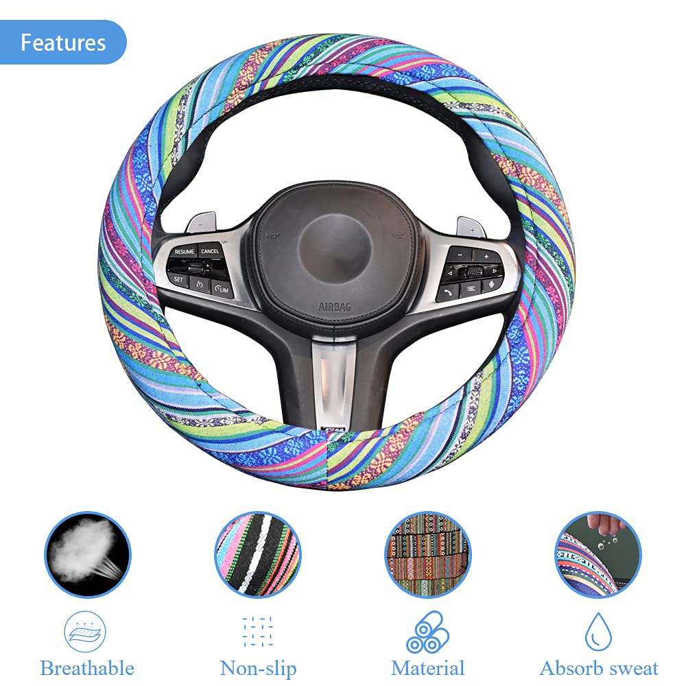Lsauto Universal 15Inch Ethnic Style Baja Blanket Steering Wheel Cover With Coarse Flax Cloth And Sweat Absorption Anti Slip Car