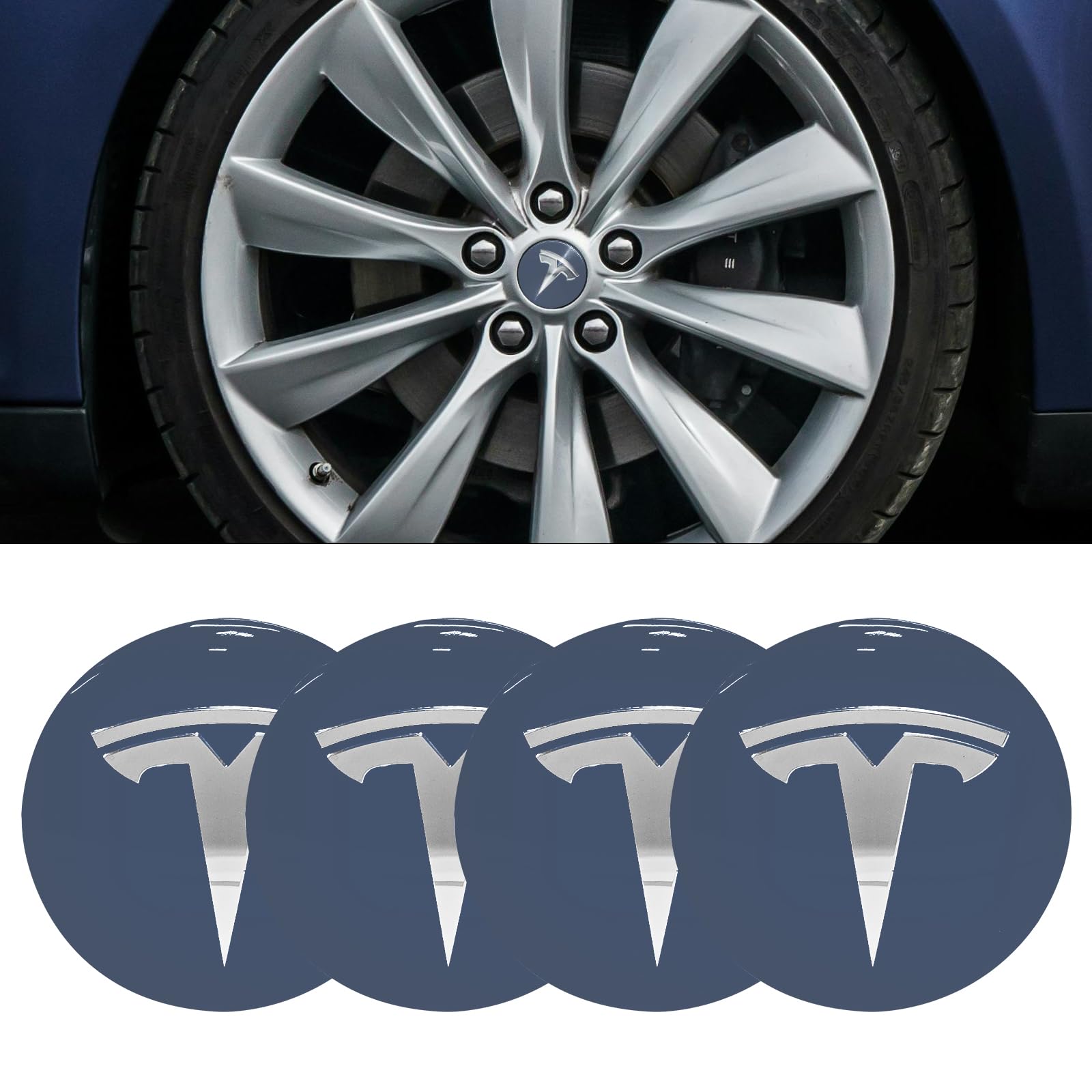 Knomix 4 Pack Aluminum Waterproof Wheel Cover Center Emblem Sticker for Tesla Model 3 Model Y 56mm Hubcaps Wheel Rim Cover (Dust