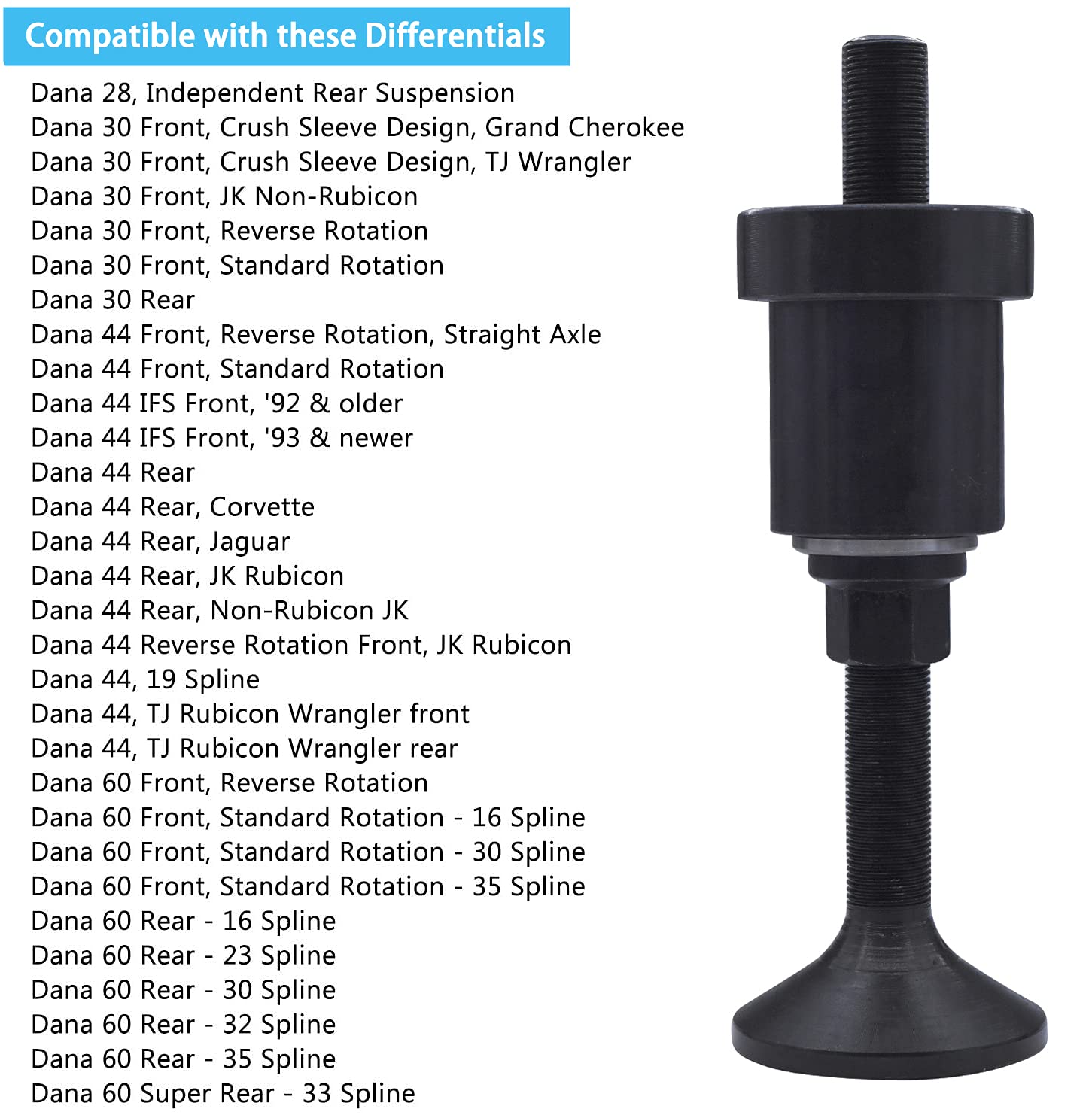Inner Axle Side Seal Installation Tool Compatible With Dana 30/44/60 Axles Front Differentials. With Thrust Bearing & Flange Nut