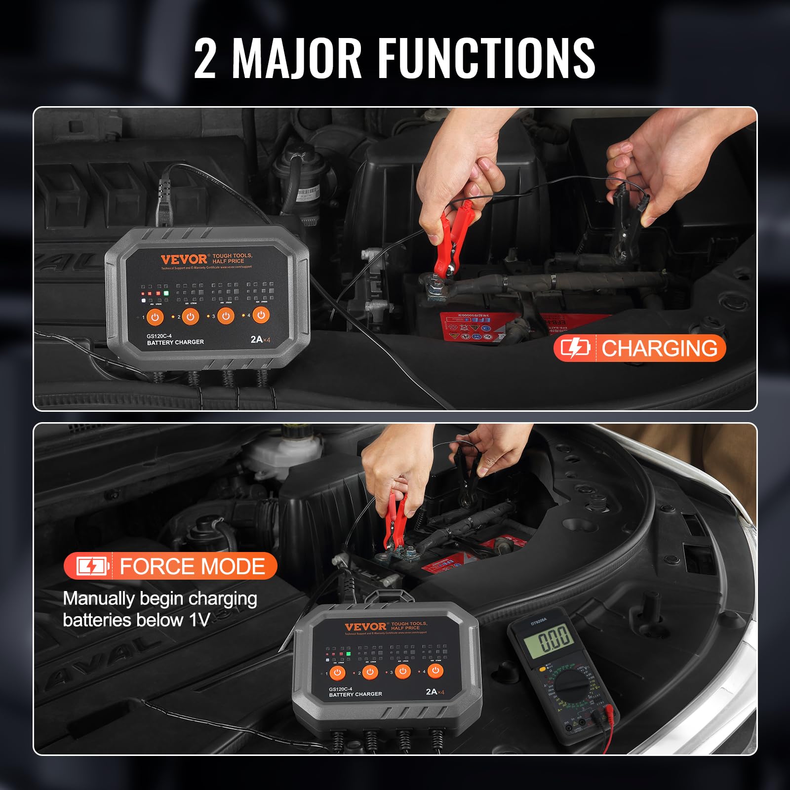 VEVOR Smart Battery Charger, 2A x 4, LiFePO4 Lead-Acid (AGM/Gel/SLA) Car Battery Charger, Fully-Automatic Charger Maintainer for