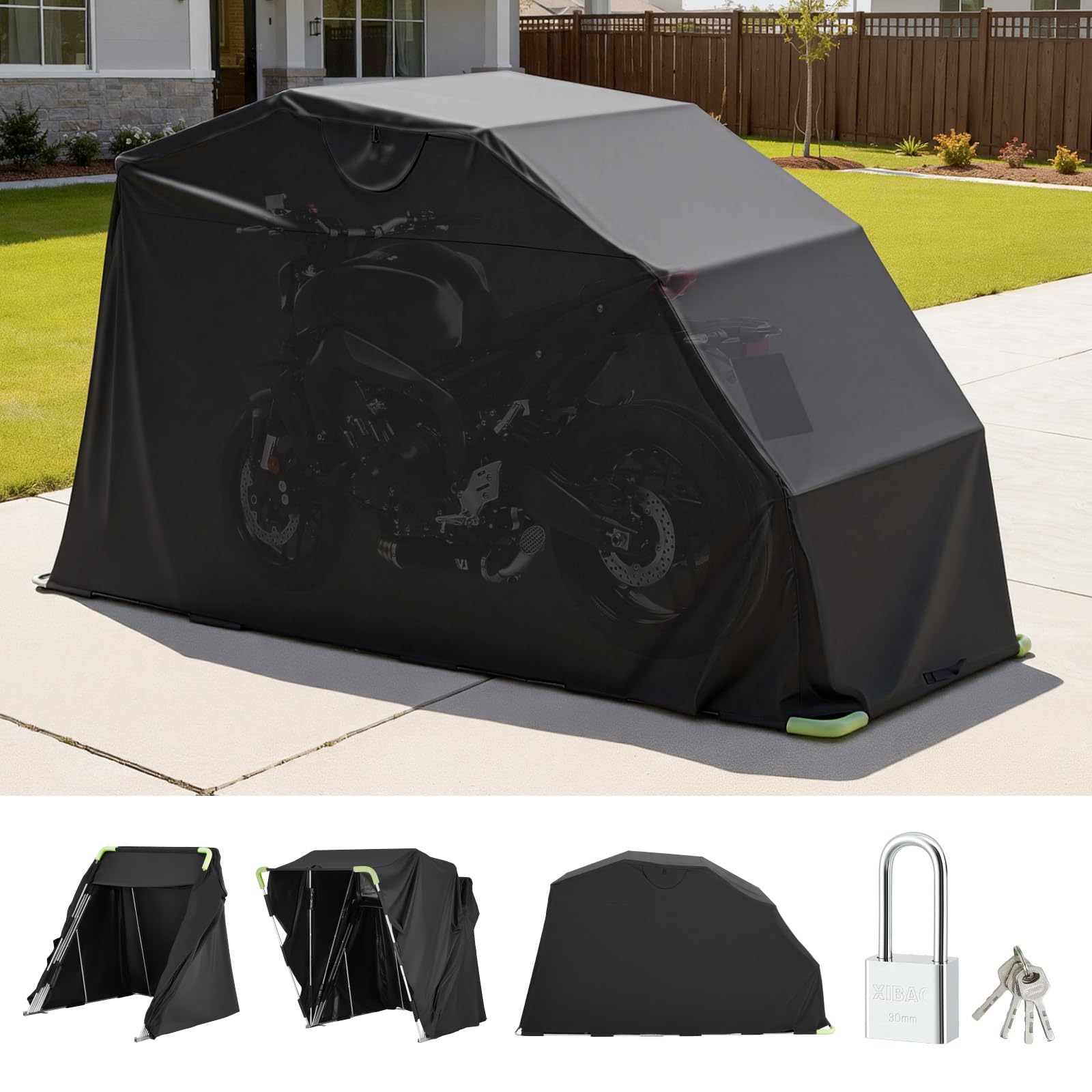 VEVOR Motorcycle Storage Shelter 136 x 54 x 75 in with Security Lock, 600D Oxford Flip-Up Garage Tent, Heavy-Duty All-Weather Mo