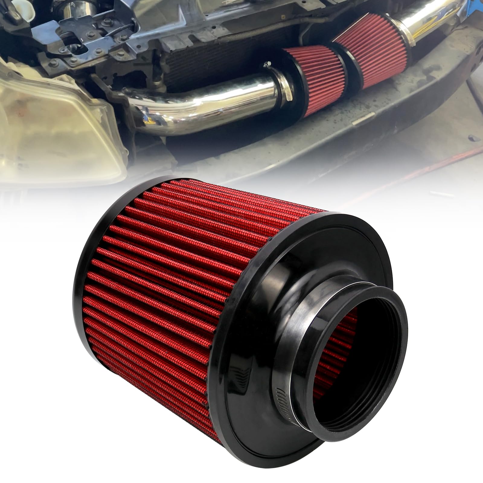 RYANSTAR RACING 76mm 3'' High Flow Round Tapered Cone Cool Air Filter Cleaner with Top Filter Design Short 163mm Tall