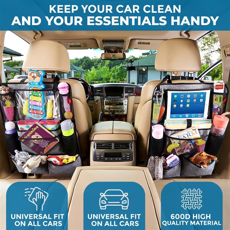 Econour Car Back Seat Organizer (2-Pack) | 600D Oxford Fabric With 9 Storage Pockets & Touch Screen Tablet Holder | Waterproof &
