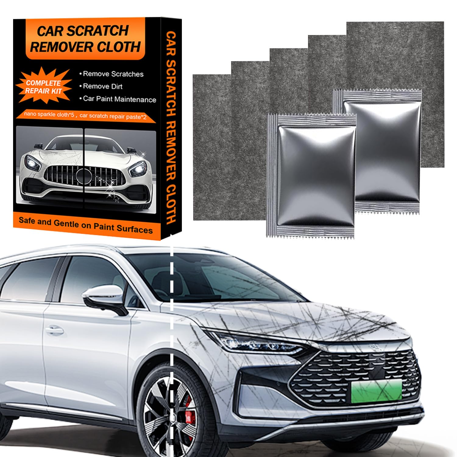 Nano Sparkle Cloth Car Scratch Remover Paste for Vehicles, Car Paint Scratches, Water Spots (Orange)