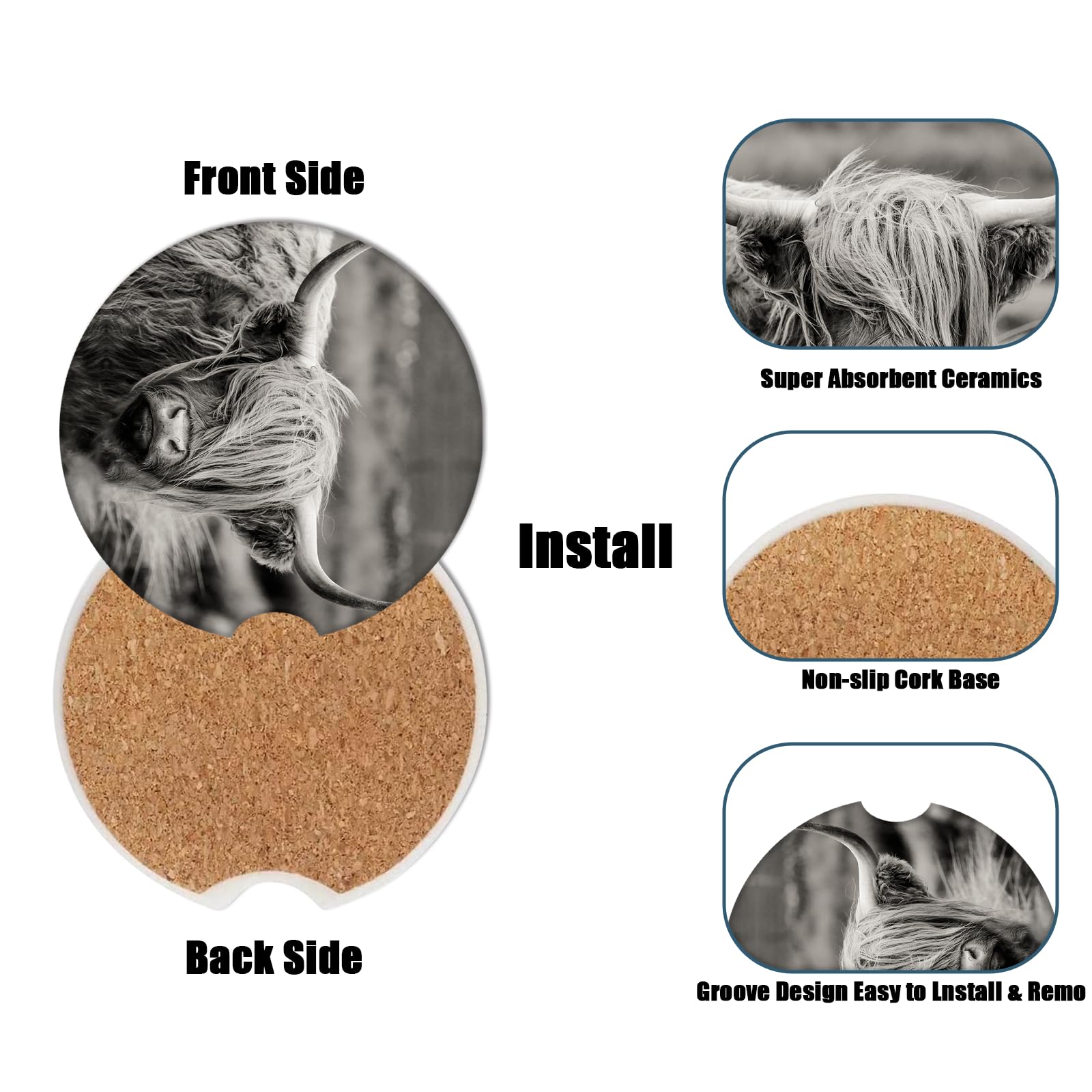 Car Cup Holder Coaster - Highland Cow Absorbent Ceramic Coaster, Car Coasters for Cup Holders, Auto Accessories for Women & Men,