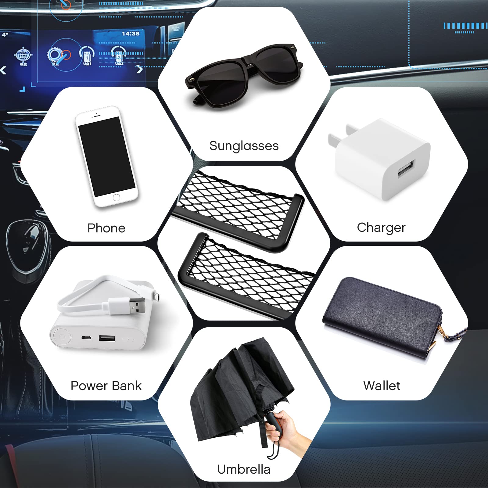 2 Pieces Abs Plastic Frame Car Storage Net Bag Phone Car Mesh Net Holder Rv Storage Boat Cargo Pocket Organizer Framed Mesh Net Pocket With Screws For Auto Rv Net (8 X 3.1 Inch)