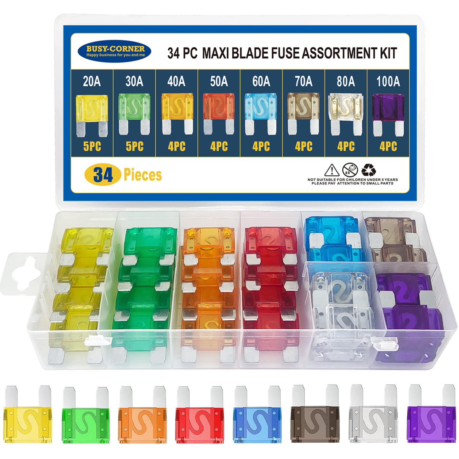 Maxi Blade Fuse Assortment Car Fuse 20A 30A 40A 50A 60A 70A 80A 100A Maxi Auto Fuse Kit Busy-Corner 34 Pieces