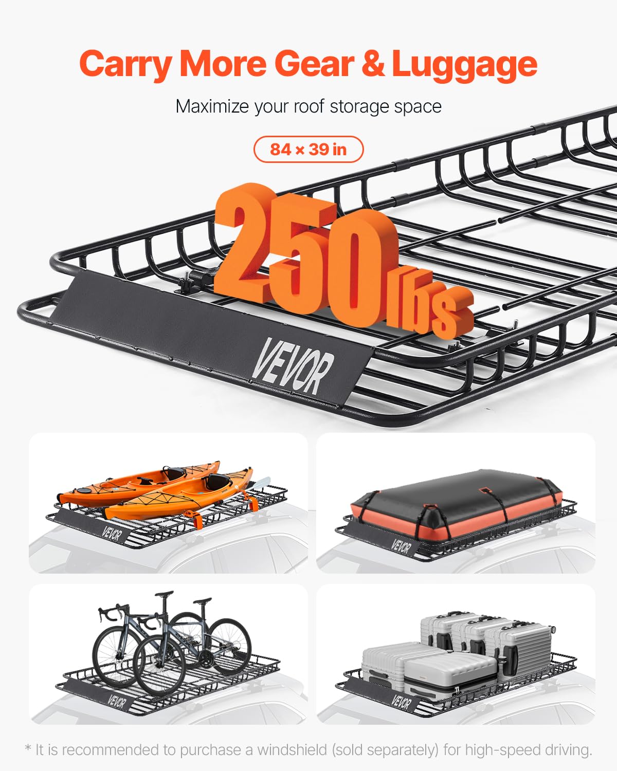 Vevor Roof Rack Basket, 84 X 39 X 4.1 In, Universal Rooftop Cargo Carrier With 7.9 X 3.9 X 10.2 In Cargo Bag, Net, Ratchet Strap