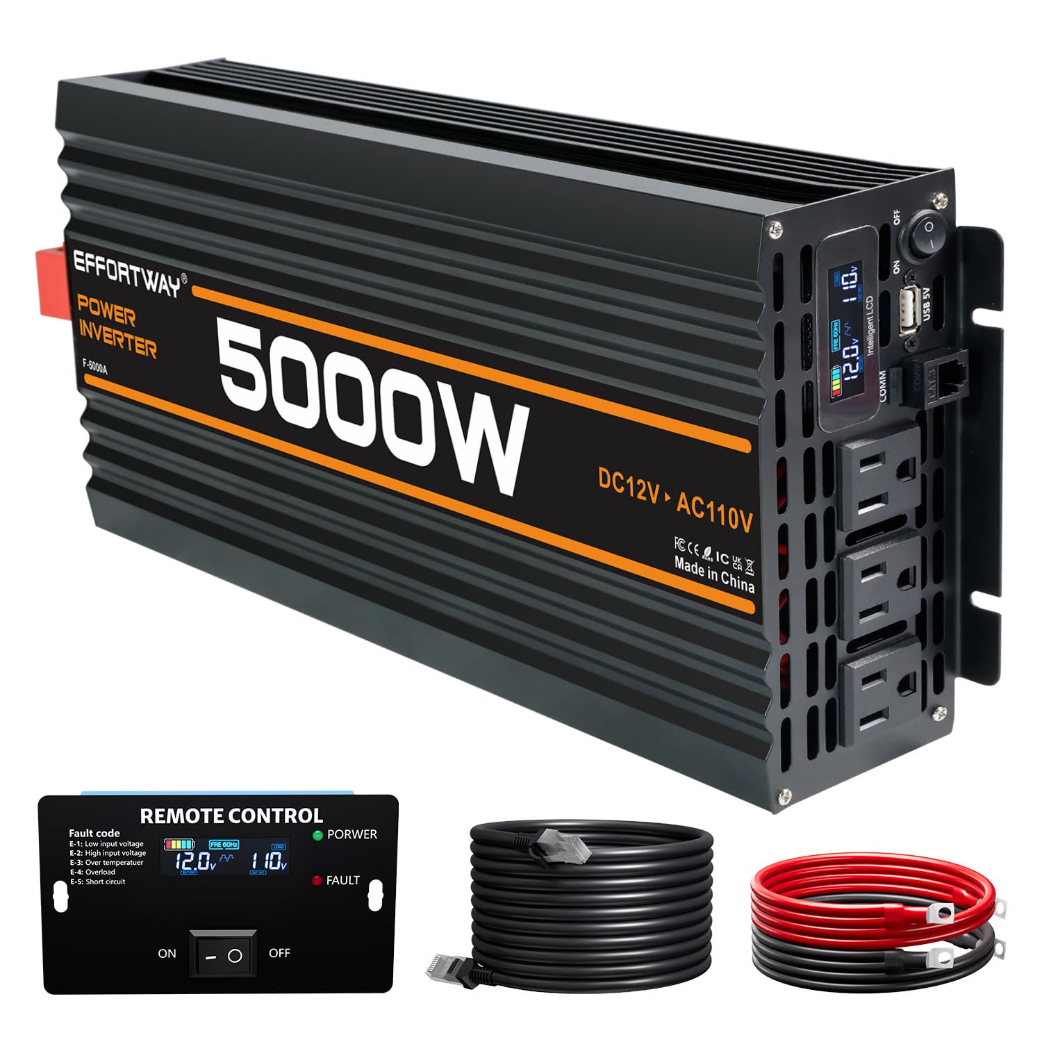EFFORTWAY 5000W Power Inverter, 12V DC to 110V/120V Modified Sine Wave Inverter with 3 AC Outlets, USB Port, Wired Remote Contro