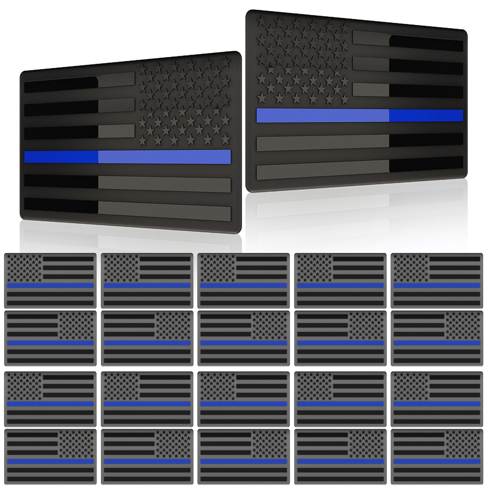 10 Pairs Embossed 3D Metal Thin Blue Line All Black American Flag Emblem Decal Stickers, Matte Black 5'' X 3'' Patriotic Usa Us