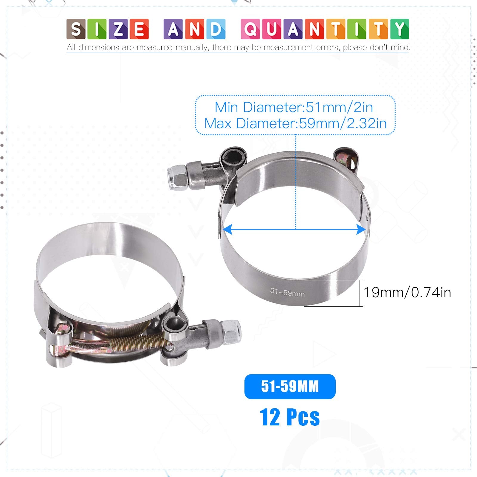Glarks 12Pcs 51-59Mm Stainless Steel T-Bolt Hose Clamps Turbo Intake Soft Hose Intercooler Clamps