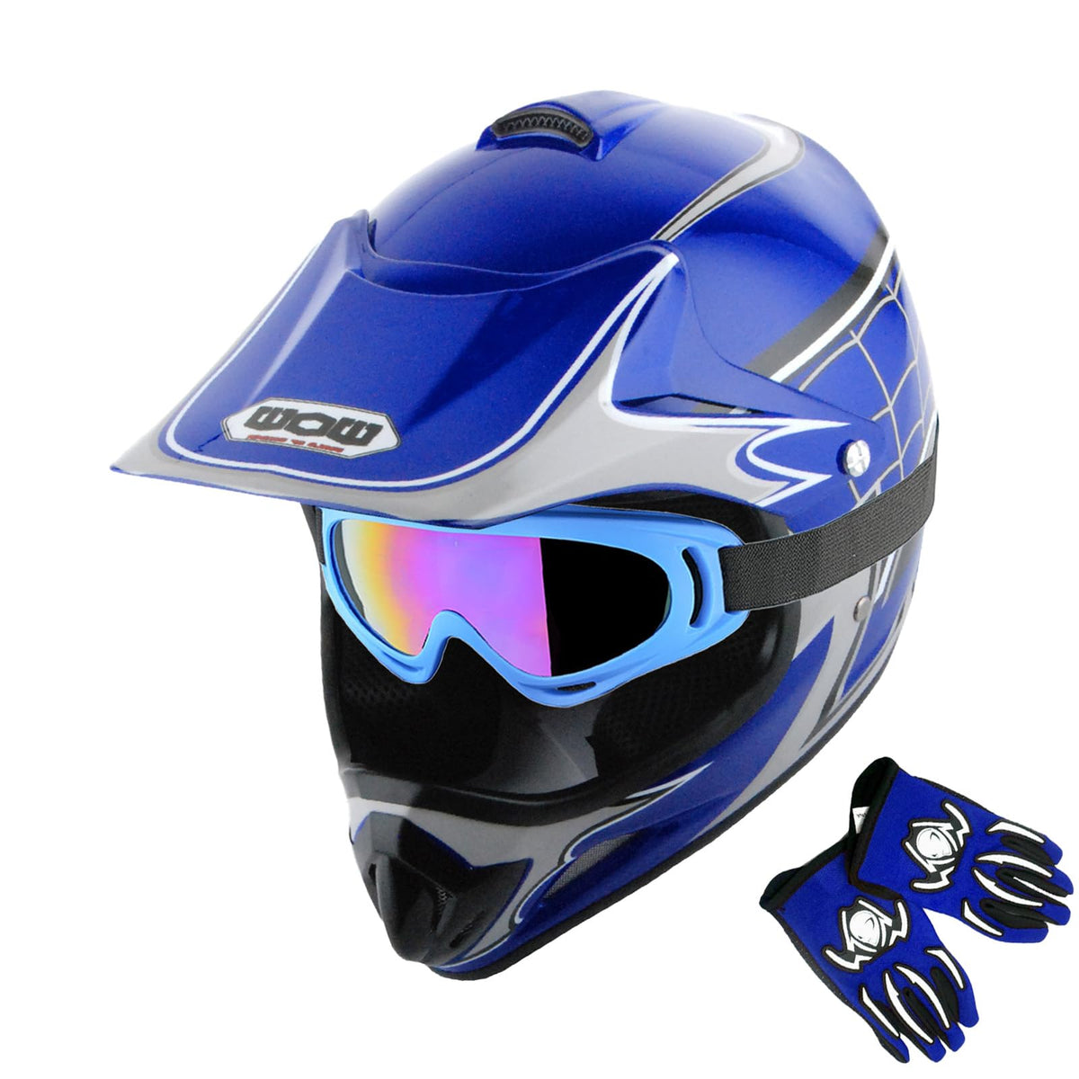 Wow Youth Motocross Helmet Bmx Mx Atv Dirt Bike Helmet Spider Web Blue + Goggles + Martian Skull Blue Glove Bundle