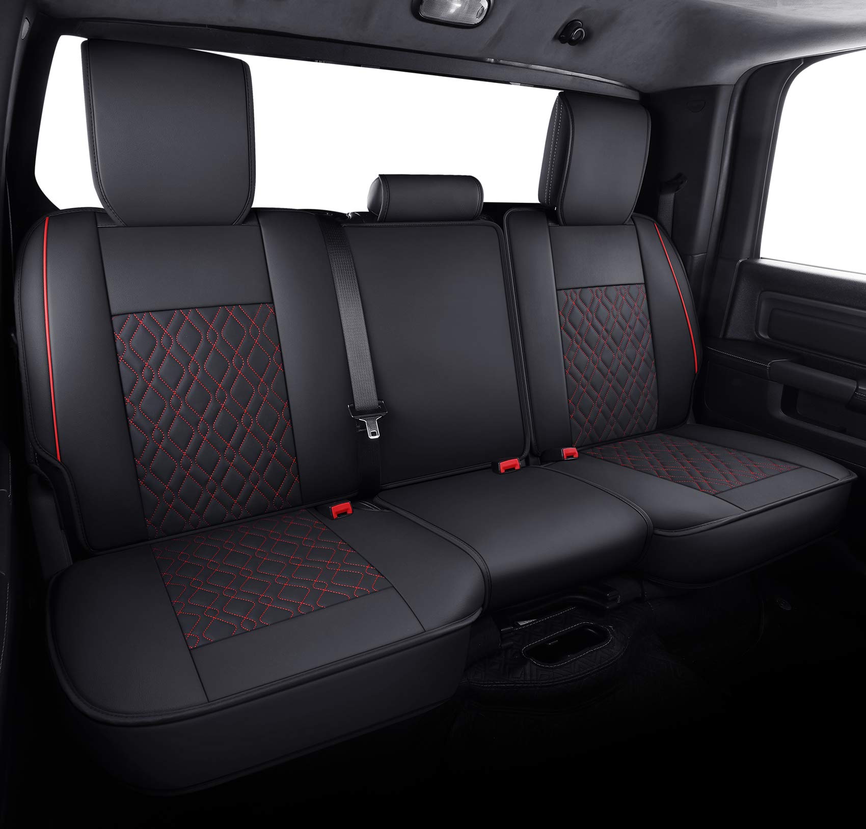 Aierxuan Dodge Ram Car Seat Covers Full Set Custom Fit 2009-2024 1500 2010-2024 2500 3500 Pickup Truck Crew Double Quad Regular Cab Waterproof Leather Cushions(Full Set, Black-Red)