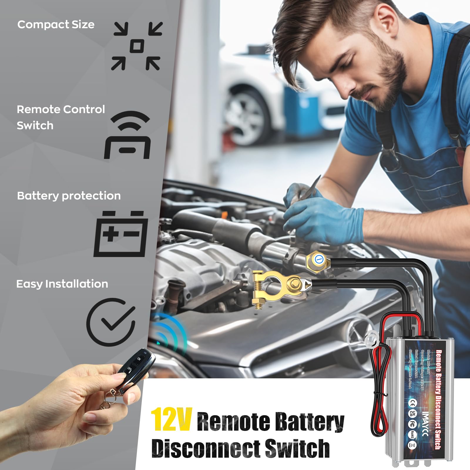 IMAYCC Battery Kill Switch for Car 12V 120A, Remote Battery Disconnect Switch Top Post, Car Anti Theft Kill Switch, Cut Off Shut