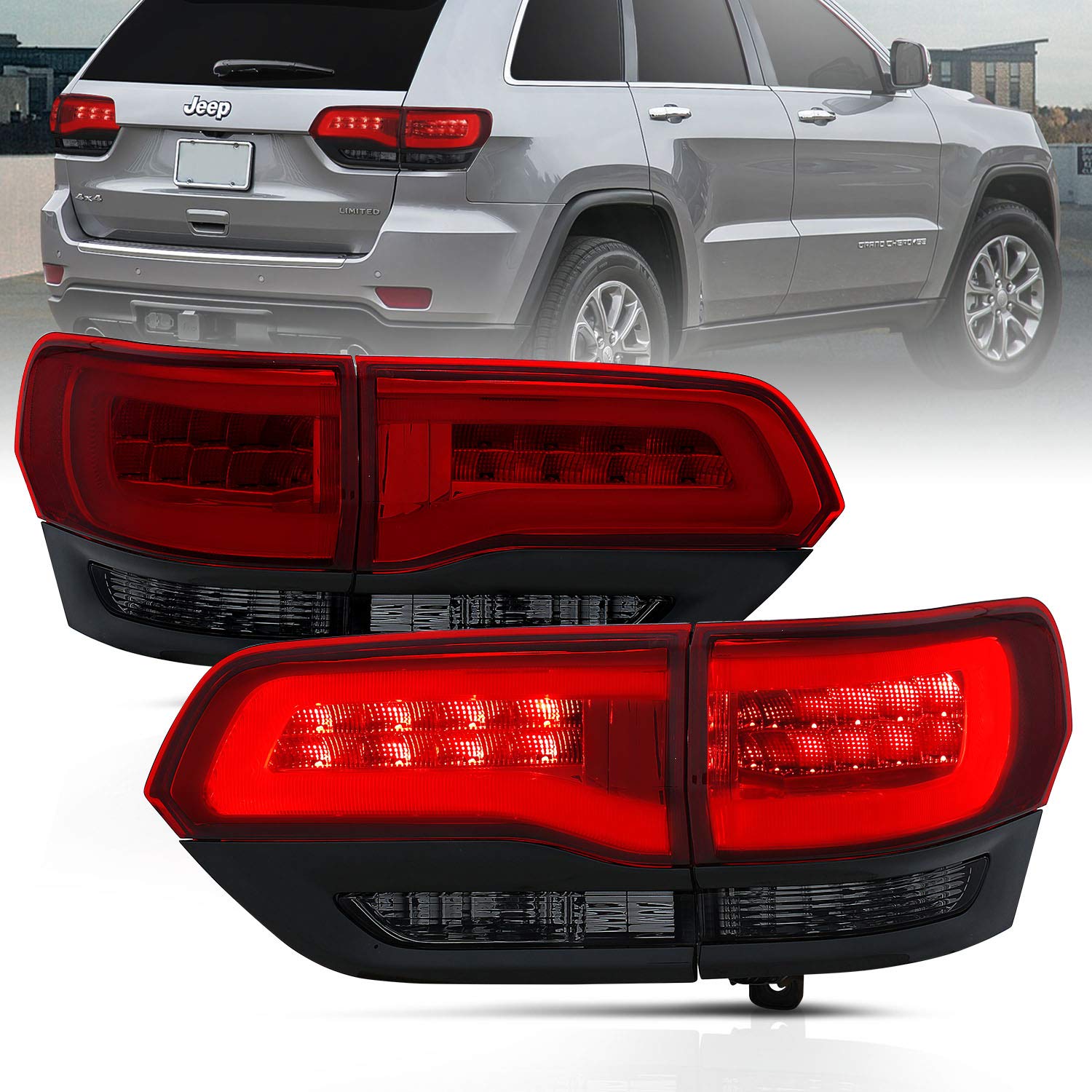Amerilite Red/Smoke/Black Led Bar Led Brake Turn Signal Tail Lights Set For 2014-2017 Jeep Grand Cherokee (4 Pcs) - Passenger And Driver Side