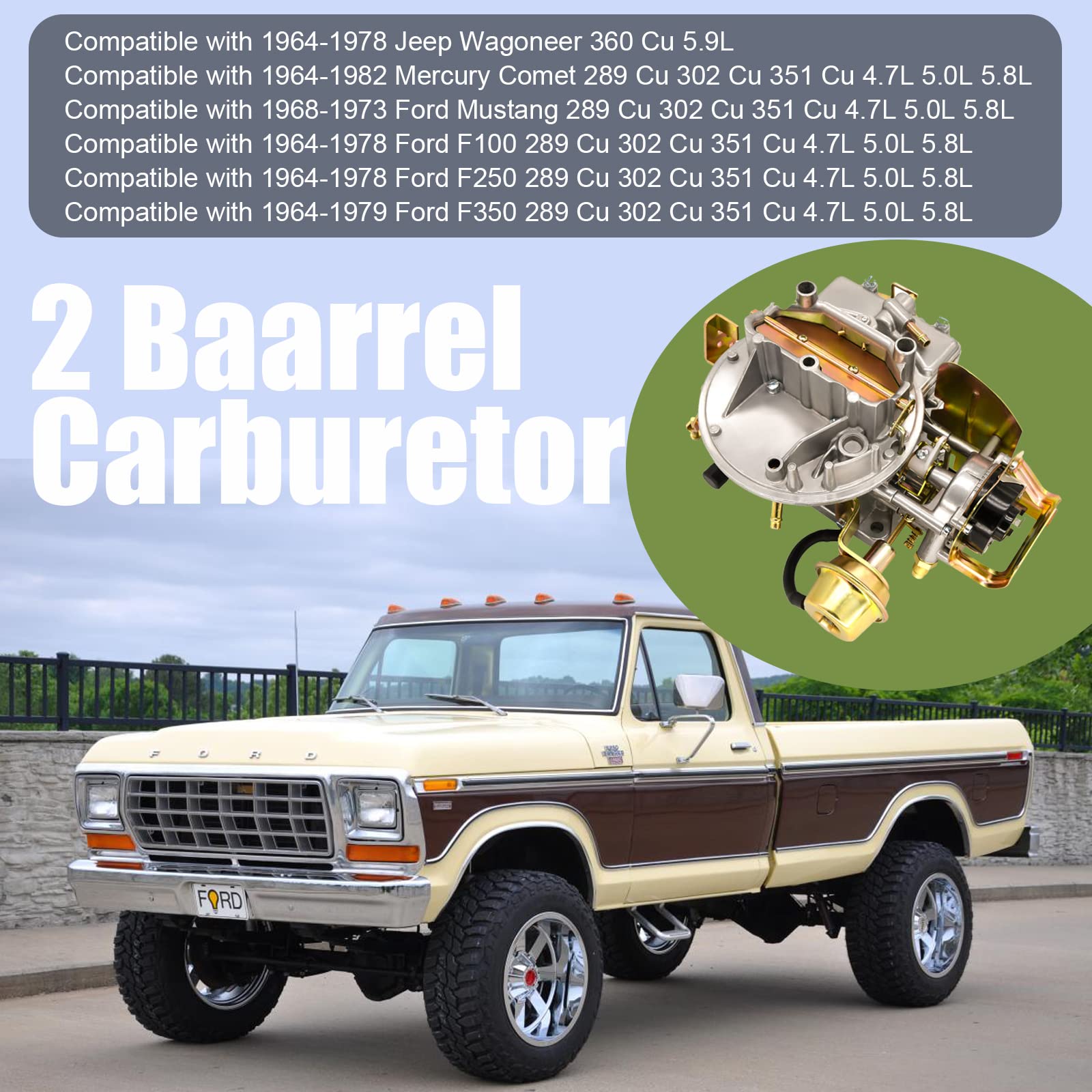 2 Barrel Carburetor 2100 2150 Compatible With Ford F100 F250 F350 (289 302 351 Cu) & Jeep Engines - Electric Choke With Mounting