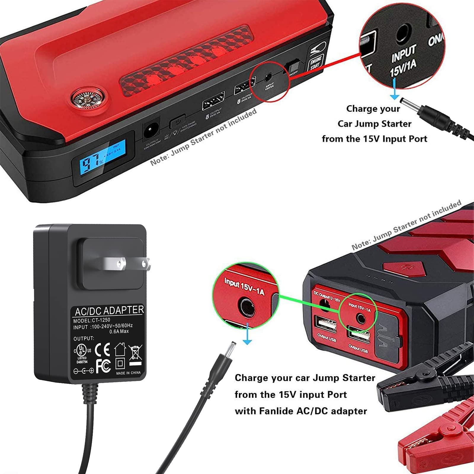 15V 1A Power Supply Charger For Car Jump Starter, Peak 450A 500A 600A 800A 1000A For Auto Battery Booster Schumacher Tacklife T6 Dbpower Djs50 Gooloo Power Supply