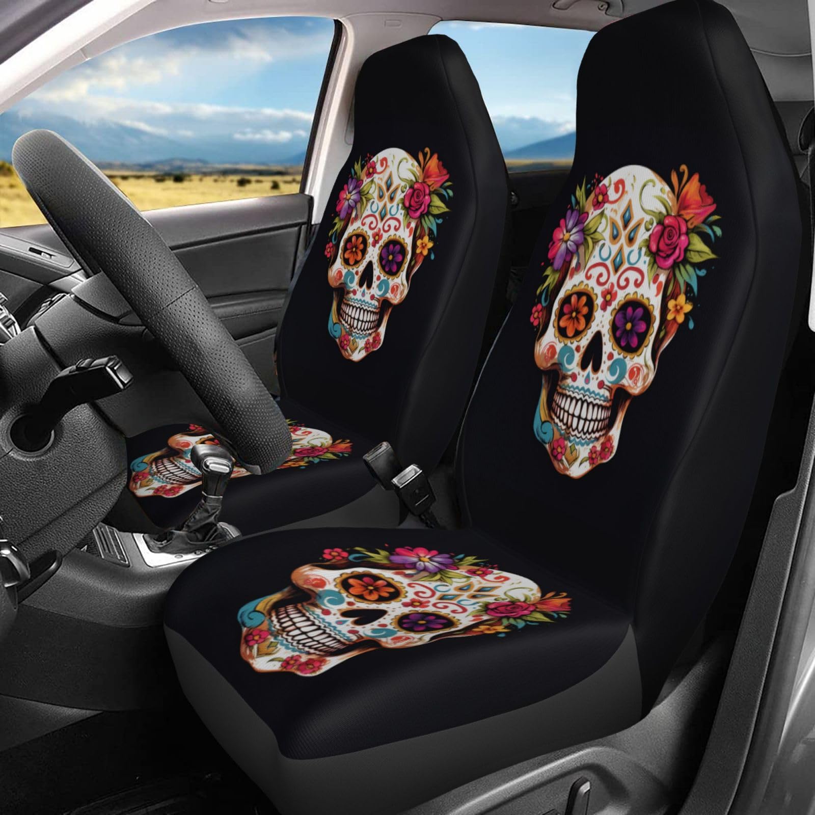 Dujiea Sugar Skull Car Front Seat Covers 2 Pcs Universal Auto Seat Covers Front Seats Only, Vehicle Bucket Seat Protectors Fit f