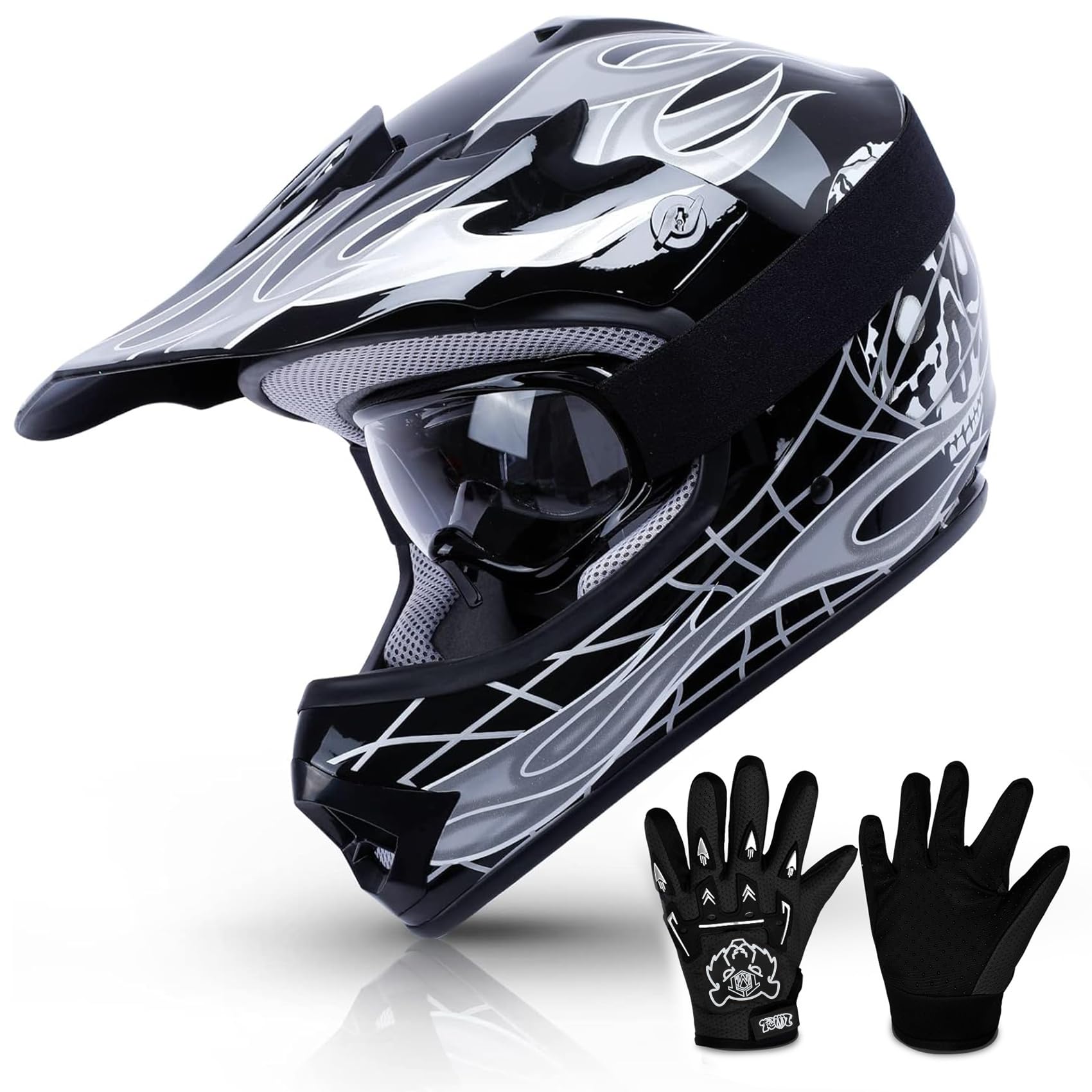 Tcmt Dot Youth & Kids Motocross Offroad Street Helmet Black Skull Motorcycle Youth Helmet Dirt Bike Motocross Atv Helmet+Goggles