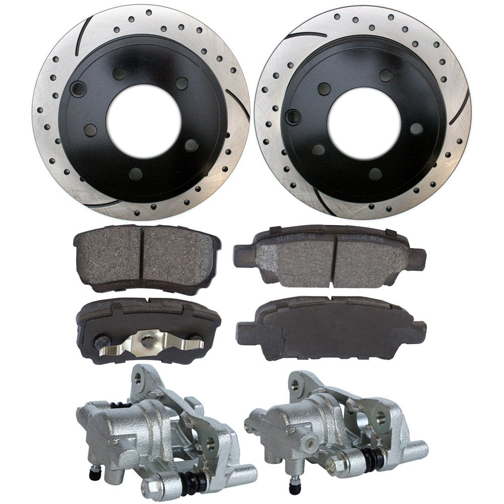 Auto Shack Drilled & Slotted Brake Rotors Kit with Ceramic Pads & Calipers for Jeep Patriot/Compass, Dodge Avenger/Caliber, Chrysler 200