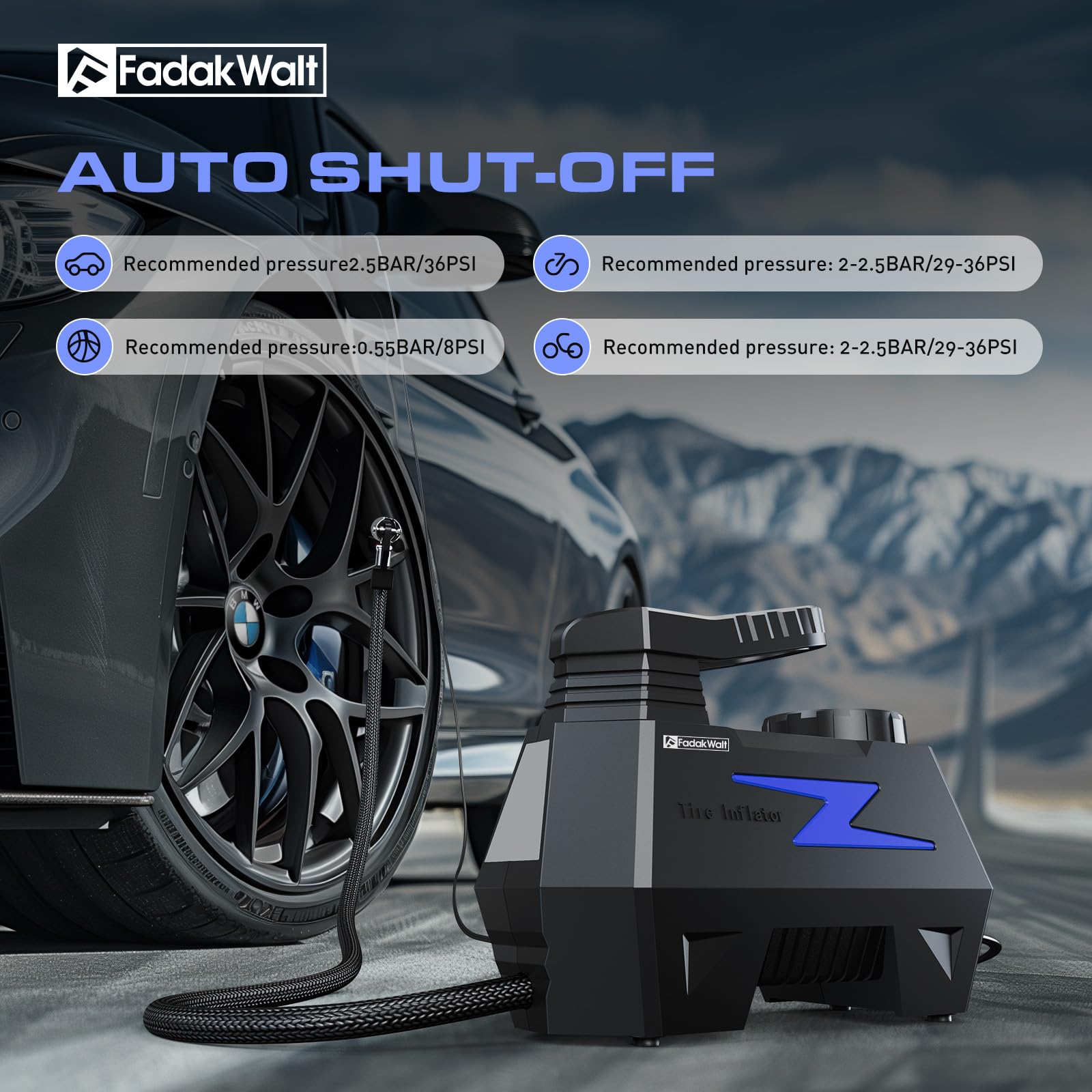 Fadakwalt Tire Inflator Portable Air Compressor, Dc 12V Tire Air Pump With Led And 150Psi Digital Pressure Gauge, Portable Tire