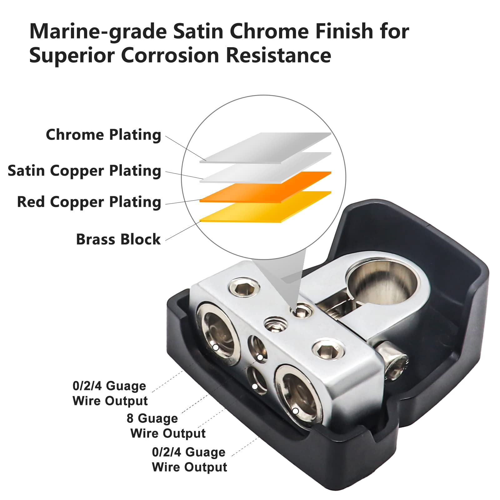 Recoil Pbt-D08 2 Pack Premium Solid Brass Positive Negative Battery Terminals Clamps With Two 0/2/4 Gauge Outputs And Two 8 Gaug