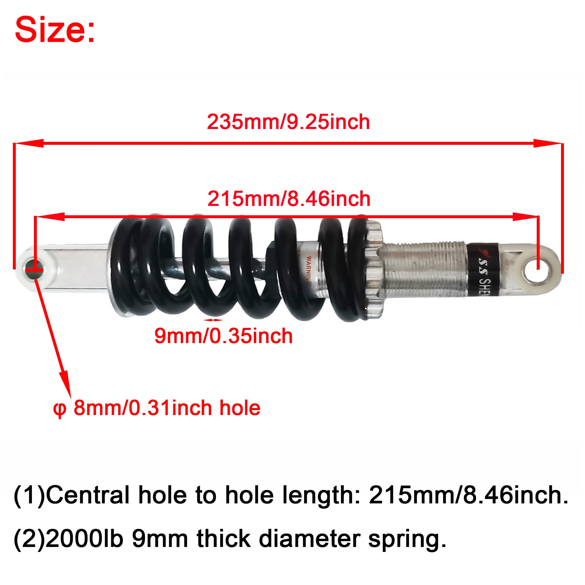 CYDZSW Bicycle Motorcycle Shock Absorber,215mm/8.46in 2000LBS Rear Sprin Shock Damper Universal Fits for Moped Scooter Pit Dirt