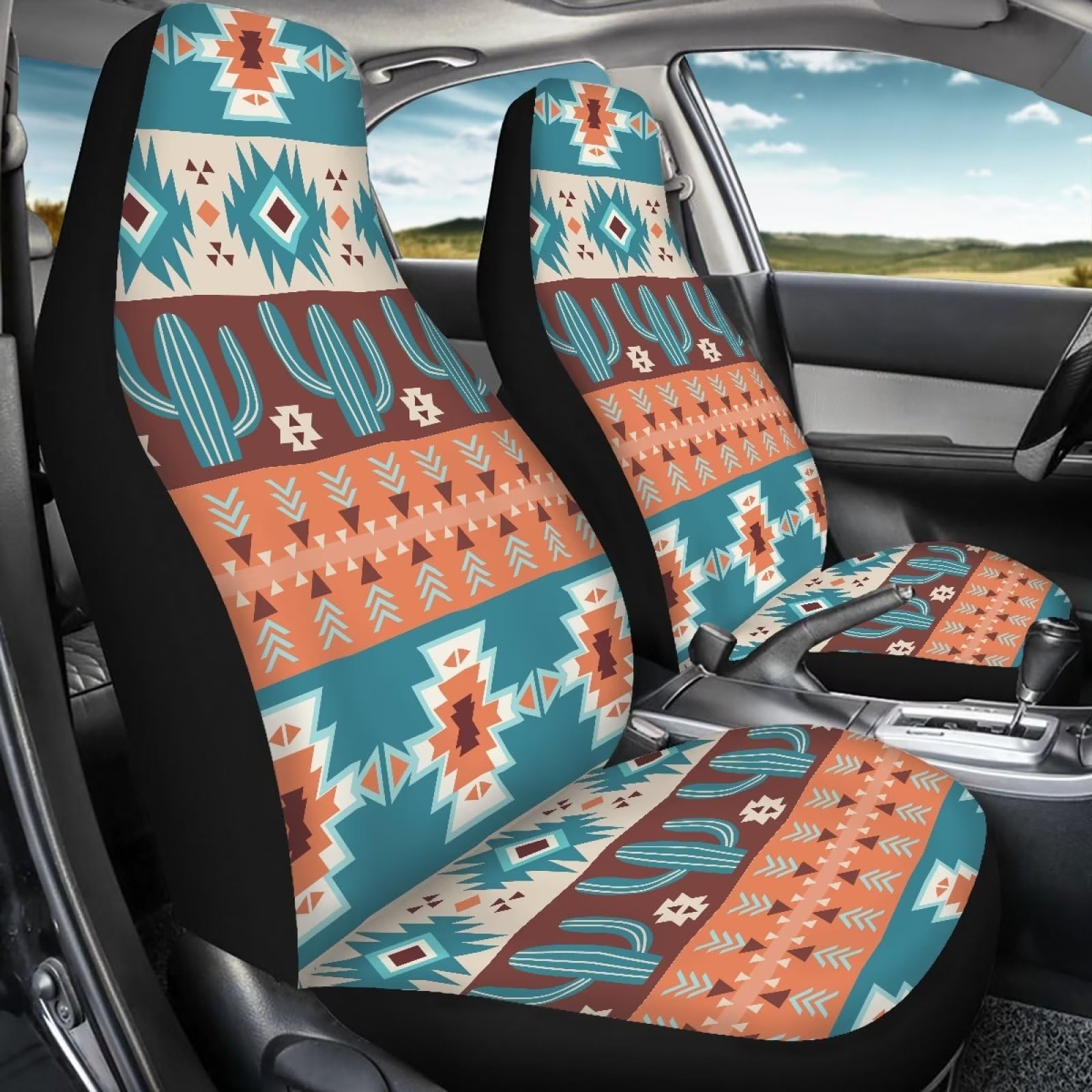 Salabomia Aztec Car Seat Cover, Cactus High Back Stretchy Car Seat Protector Cover for Women, Comfortable 2 Piece Car Seat Cover