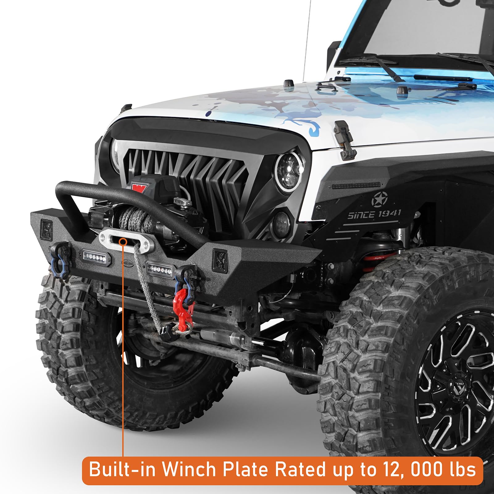 Hooke Road Wrangler Jk Front Bumper + Rear Bumper Combo W/All Led Lights Compatible With Jeep Wrangler Jk & Unlimited 2007-2018