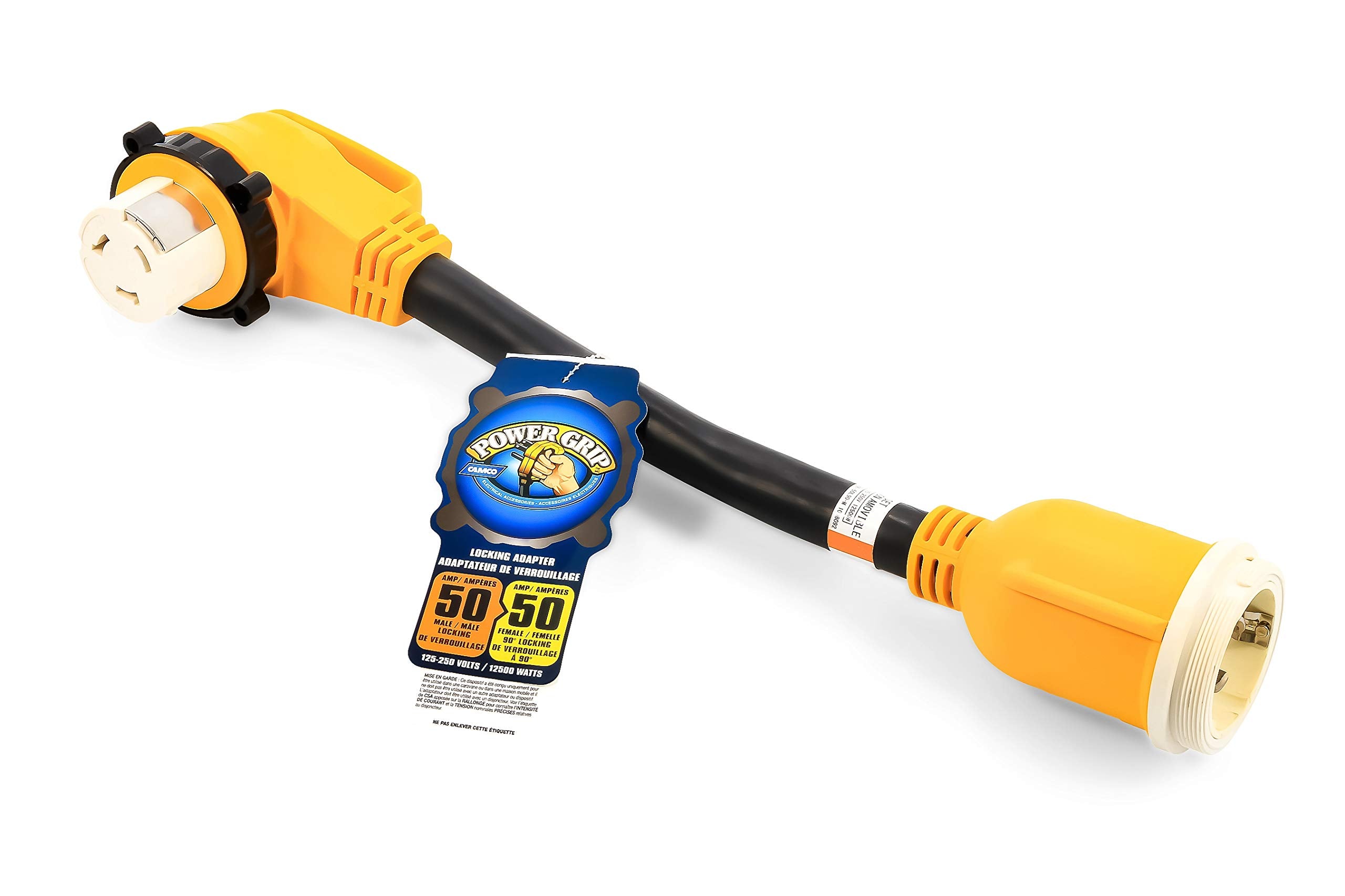 Camco Power Grip 18' Dogbone Extension Cord Adapter With 50-Amp Power Locking Male And 50-Amp 90-Degree Locking Female Ends For Electrical Connection