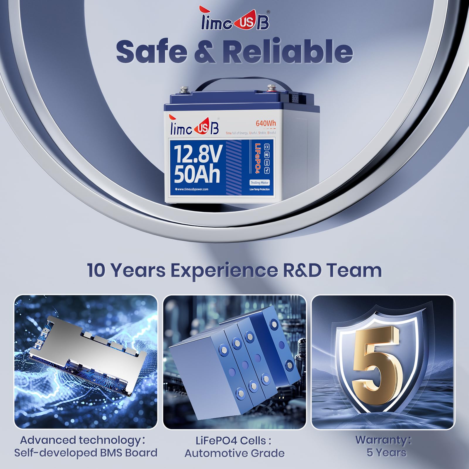 Timeusb 12V 50Ah TM LiFePO4 Battery with Low-temp Protection, 15000+ Cycles Battery with Grade A Cells, Built-in 50A BMS, Deep C