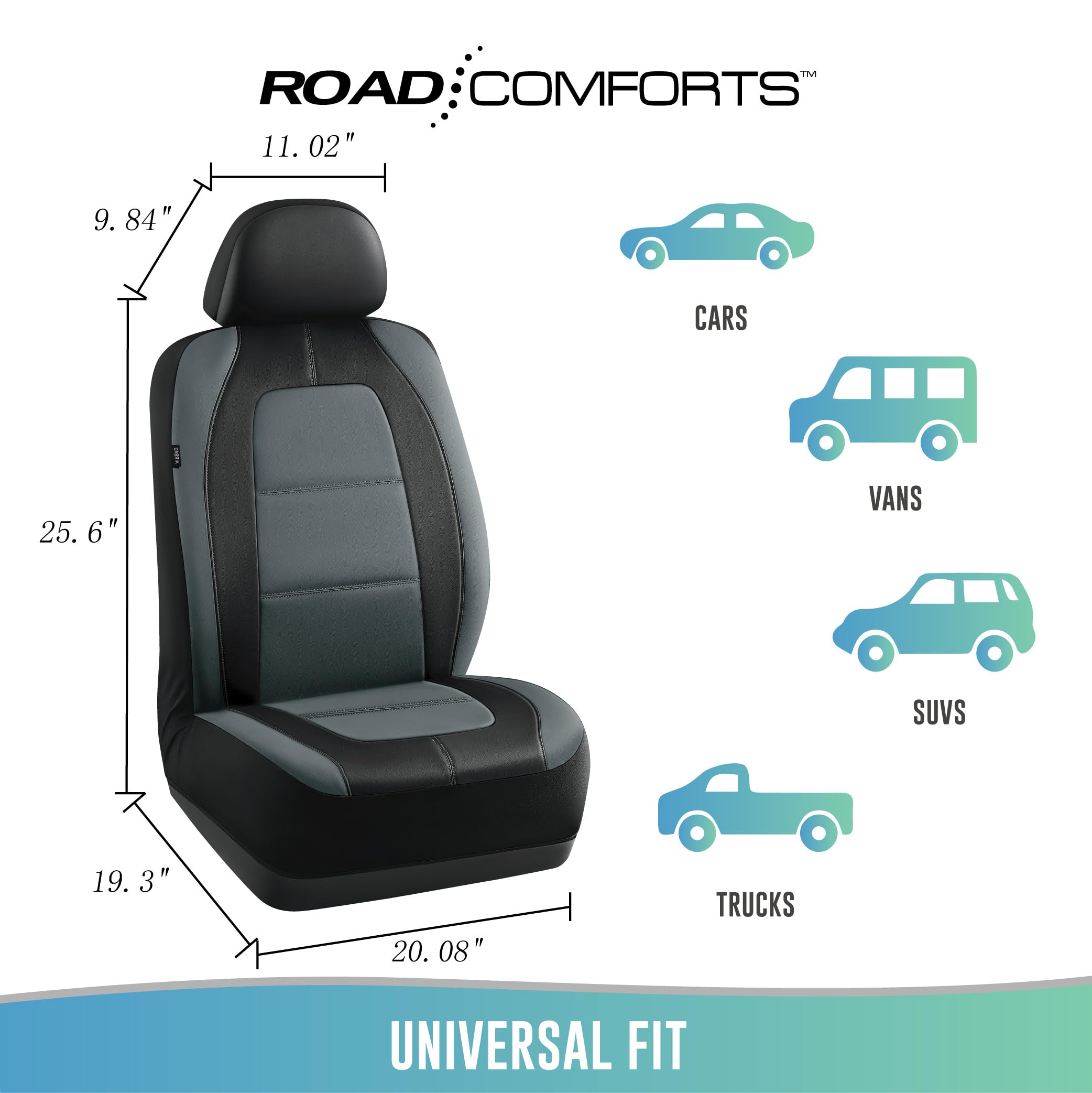 Road Comforts Car Seat Cover, Front Leather Car Seat Covers, Automotive Low Back Sport Car Seat Covers, Airbag Compatible, Unive