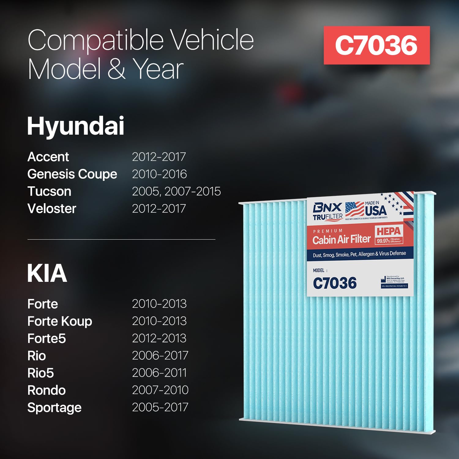 Bnx Trufilter C7036 Cabin Air Filter, Hepa 99.97%, Compatible With Hyundai Accent, Genesis Coupe, Tucson, Veloster, Kia Forte, F