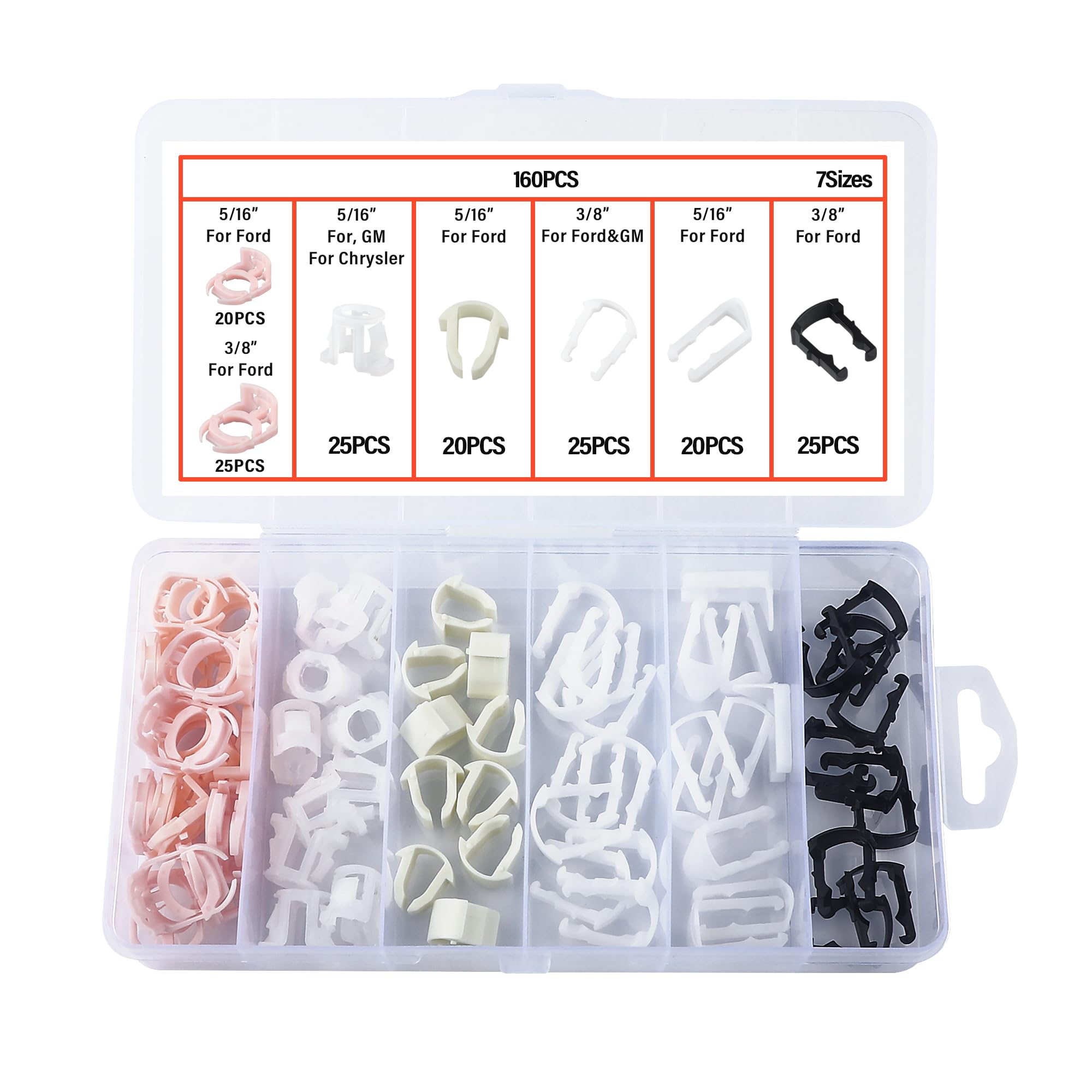 160Pcs Car Fuel Line Clips,7 Size Nylon Fuel Line Repair Kit Replacement 3/8 '' & 5/16 '' Fuel Line Clamp,Durable Fuel Hose Reta