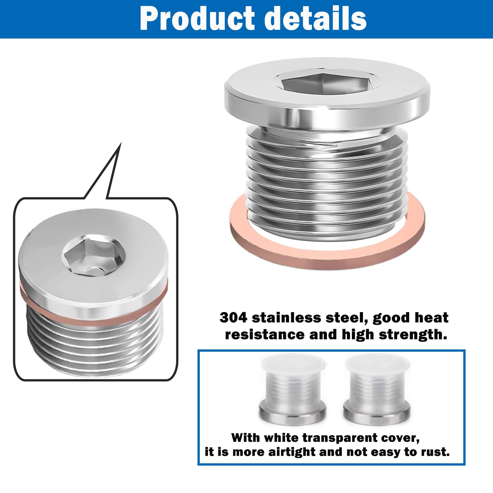 Sunxeke M18 x 1.5 Sensor Plug Standard with Inner Hex Head,304 Stainless Steel Universal Fit with Red Copper O-Ring for Motorbik