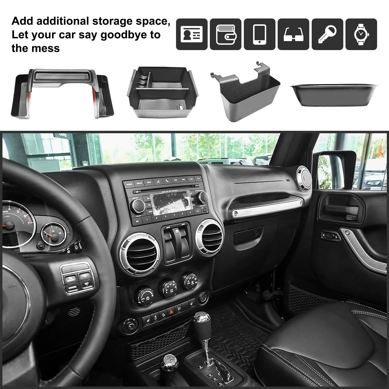4Pcs Center Console Organizers Accessories Compatible For Jeep Wrangler Jk/Jku 2011-2018 2017 2016 2015 2014 2013 2012 2/4 Door