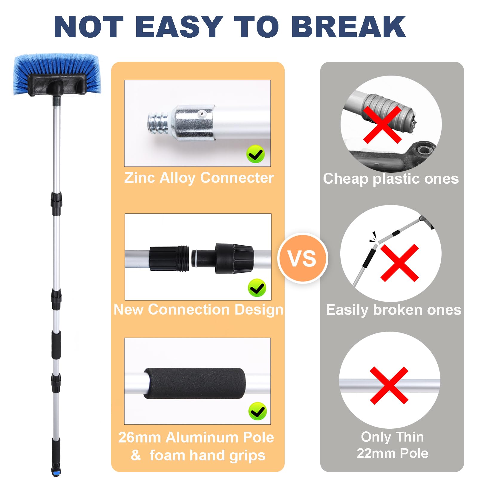 Navapal 69'' Car Wash Brush With Long Handle, Flow-Thru Soft Bristle Car Washing Brush With Extendable Handle And Hose Attachmen