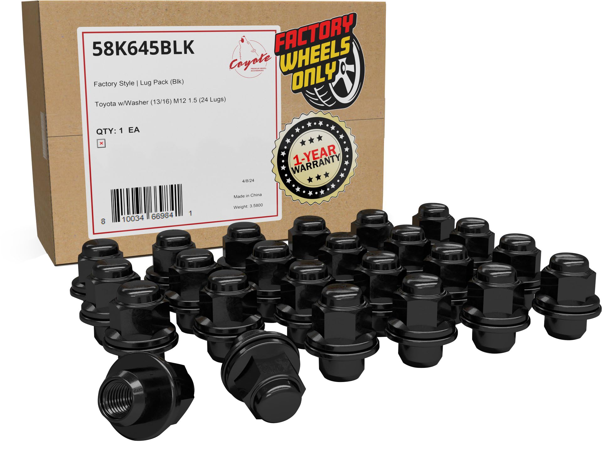 Wheel Accessories Parts 24 Pcs M12x1.5 12x1.5 Thread OEM Factory Style Lug Nuts 1.5 Long Black 13/16 21mm Hex Hex Fits Toyota 20