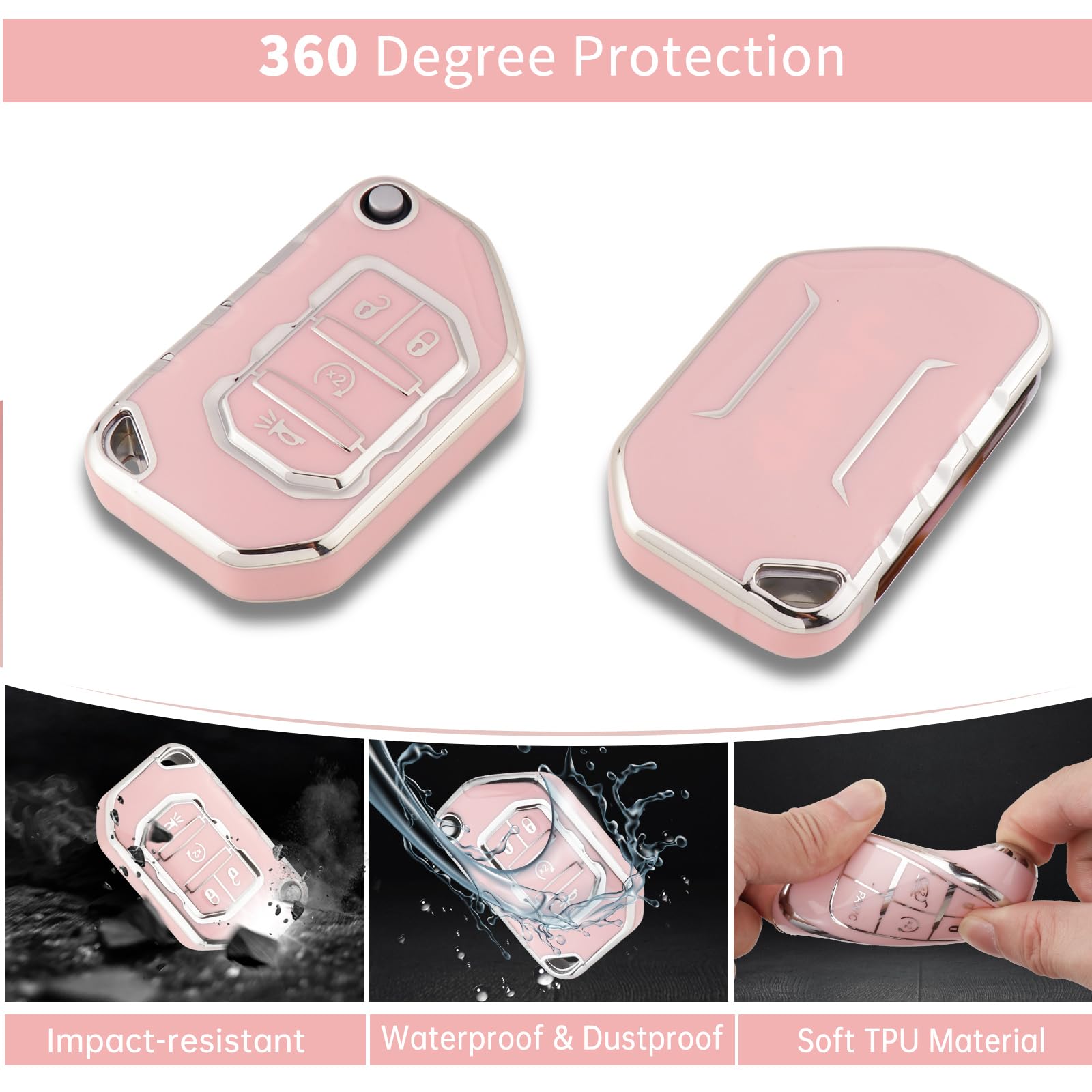 Pangpai Pink Key Fob Cover for Jeep, Soft TPU Key Case Protection with Bling Keychain Fit for 2018-2022 Jeep Gladiator Wrangler