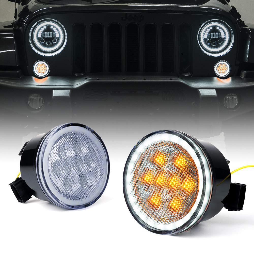 Xprite Led Turn Signal Lights With White Halo, Plug & Play Front Grille Parking Lights Compatible With 2007-2018 Jeep Wrangler J