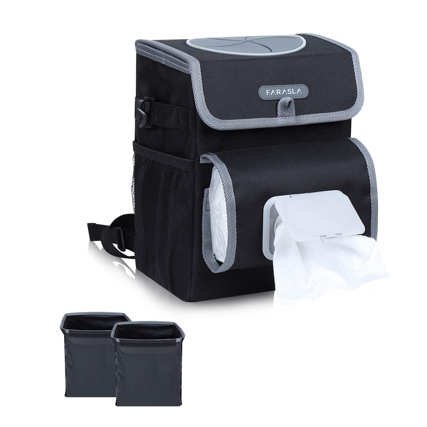 Farasla All-in-One Car Trash Can with 2 Removable Leakproof Interior Liners, Adjustable Tissue Holder & Straps