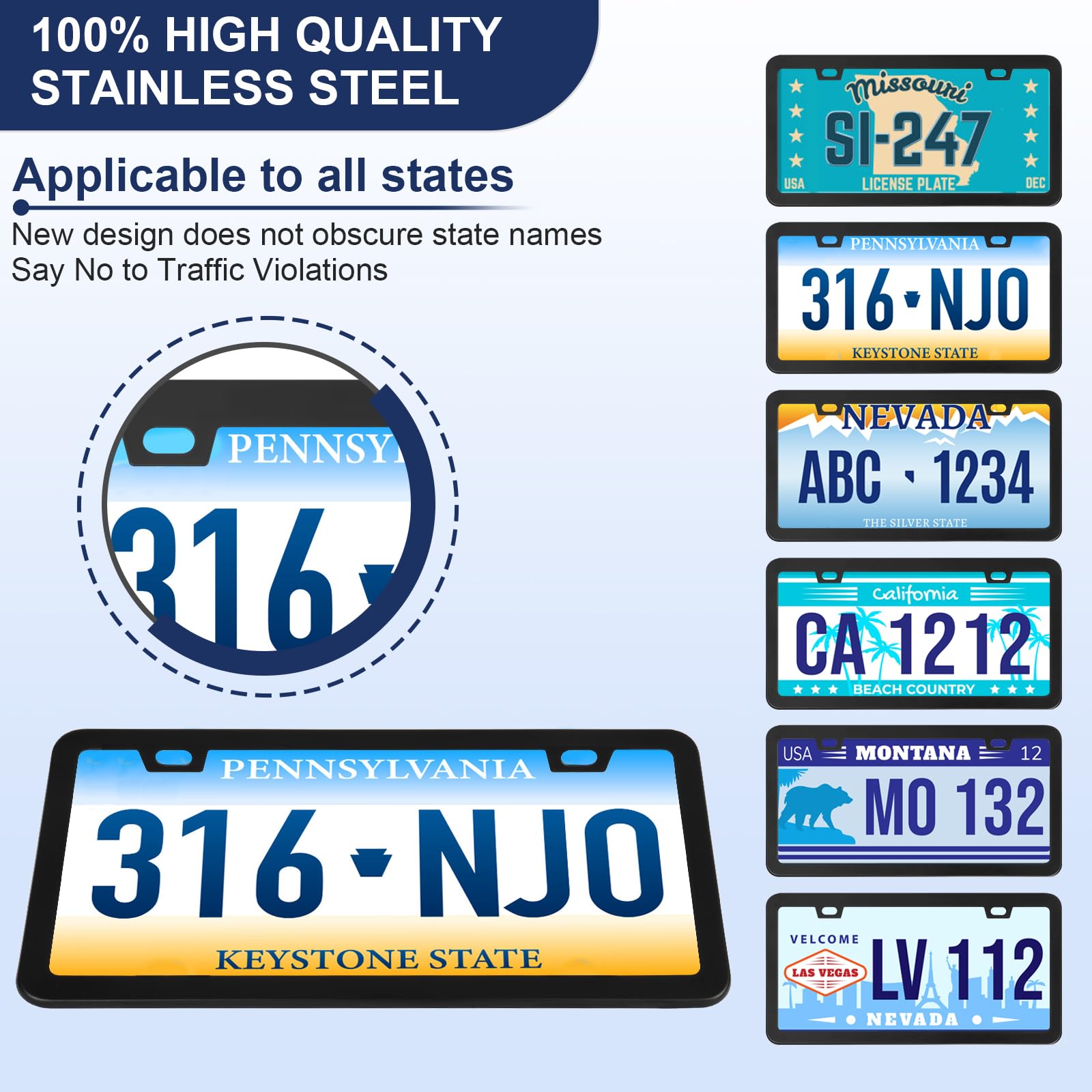 Quanqiufei 2 Pack Black License Plate Frames, Stainless Steel License Plate Cover, Matte License Plate Holder Car Accessories Wi