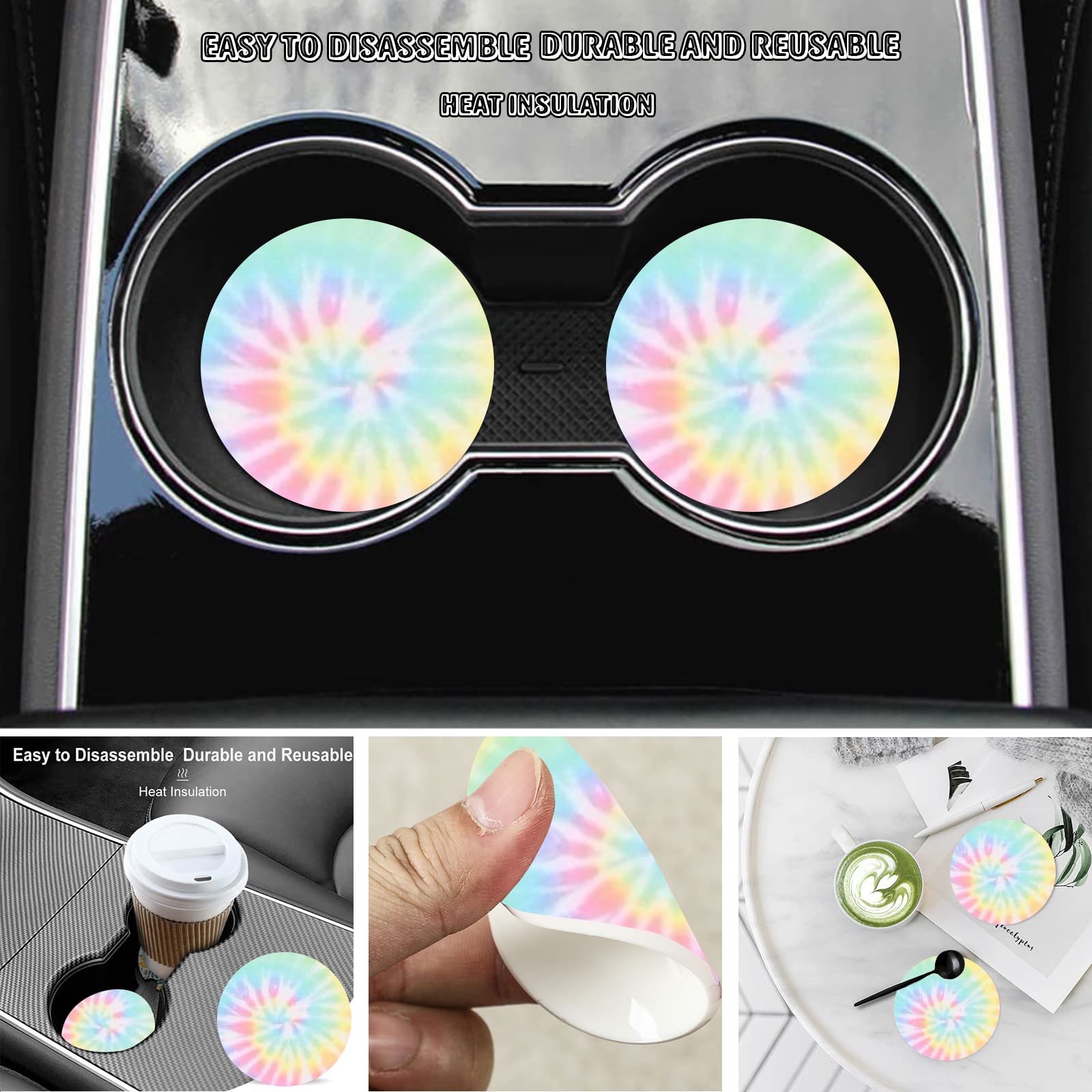 Rainbow Tie Dye Steering Wheel Cover for Women Men with 2 Pcs Car Coasters, Universal 14.5-15 Inch Rainbow Steering Wheel Covers