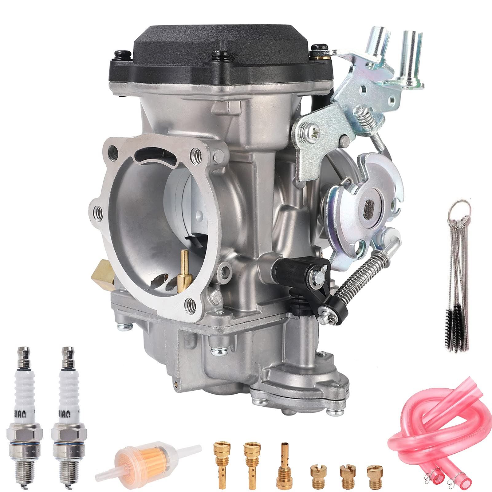 Cv40 Carburetor For Harley Davidson Hd Sportster Xl883 Xl1200/ Softail/Touring/Dyna & Fxr/Road King Carb 27421-99 27490-04 27465-04 (With Fuel Filter + 2 Spark Plugs + Brush Set + Jets)