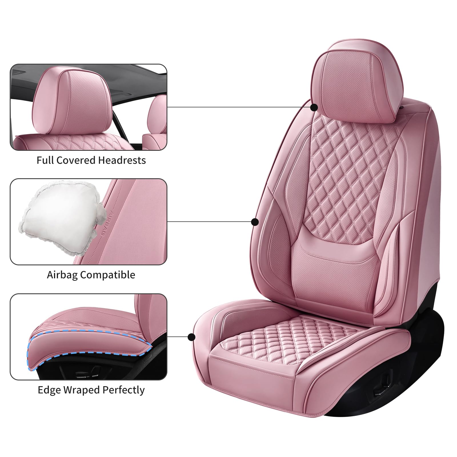 Sxikin Car Seat Covers Front Seats Pink, Luxury Faux Leather Car Seat Covers Waterproof Non-Slip Seat Protector Universal Fit Fo